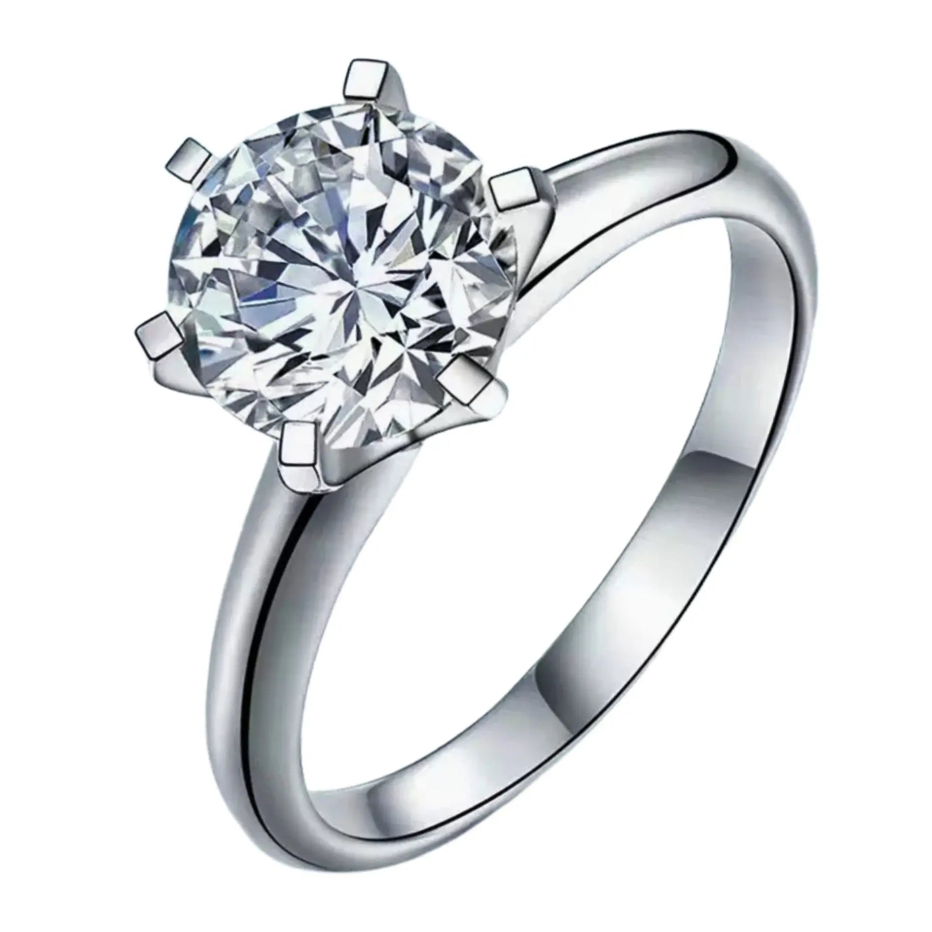 Silver ring with a large diamond on a white background