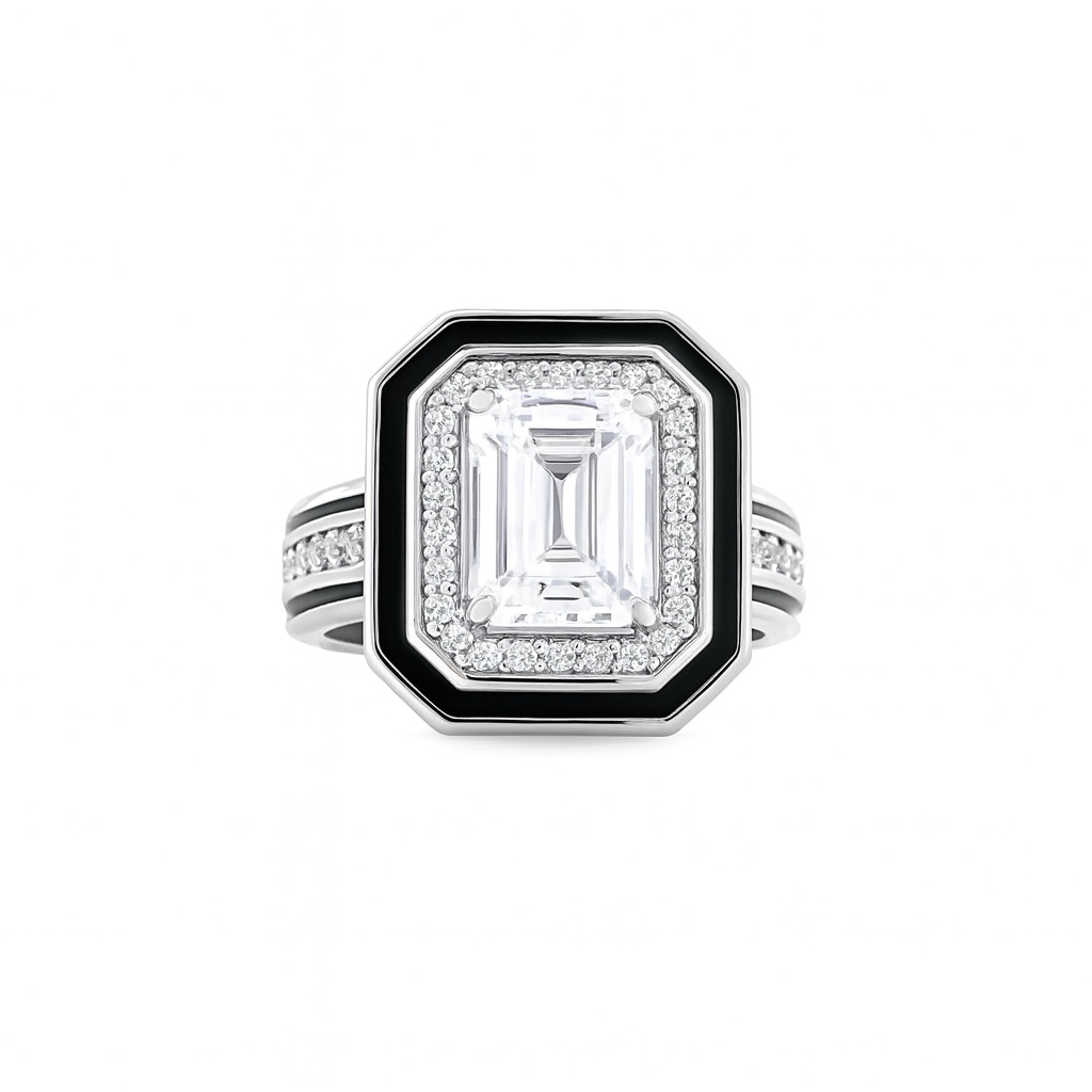 Diamond ring with a black and white design on a white background