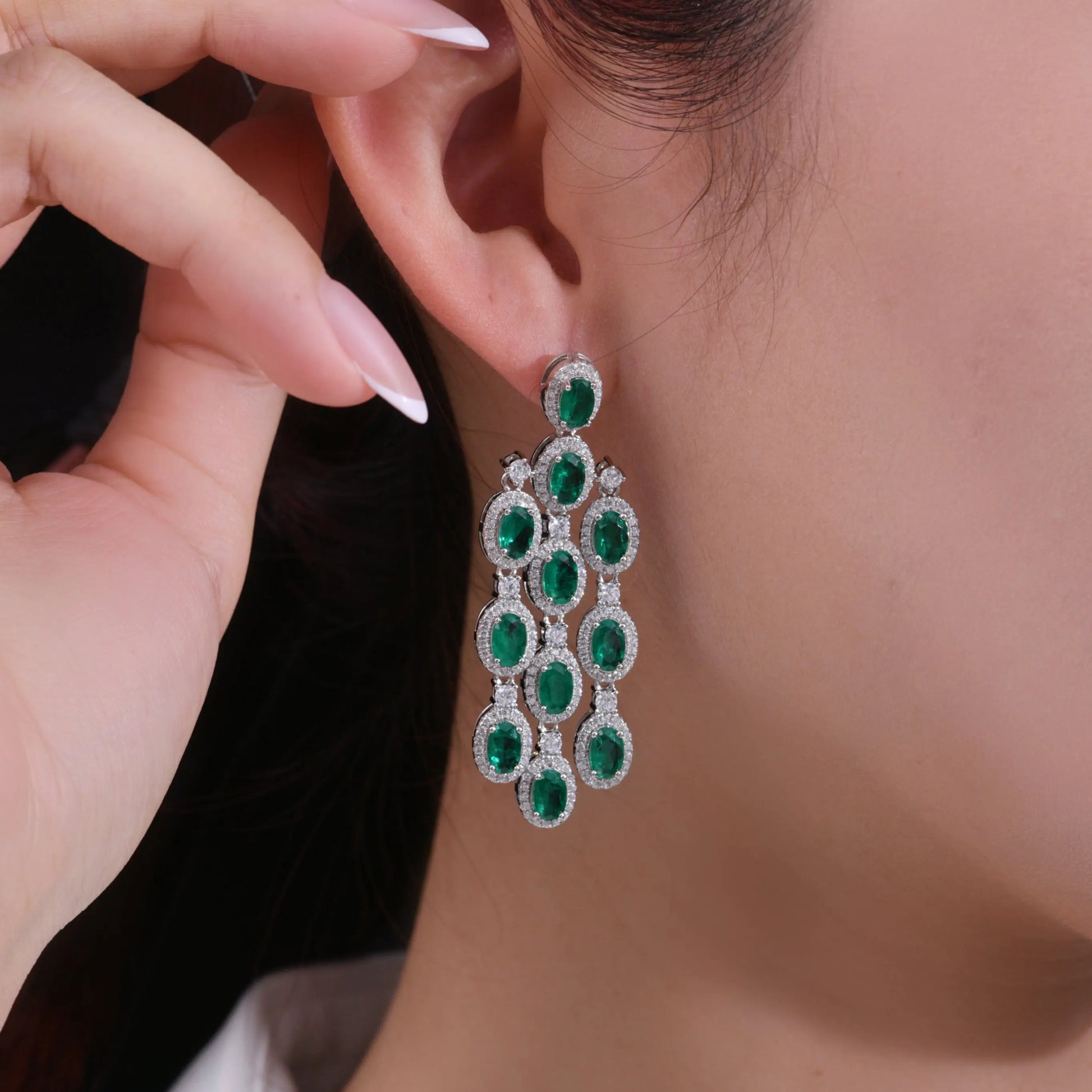 Art Deco Chandelier Earrings in Emerald Anna Zuckerman