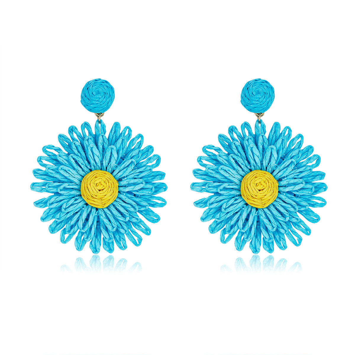 Sky-blue flower earrings with yellow center and round woven stud.