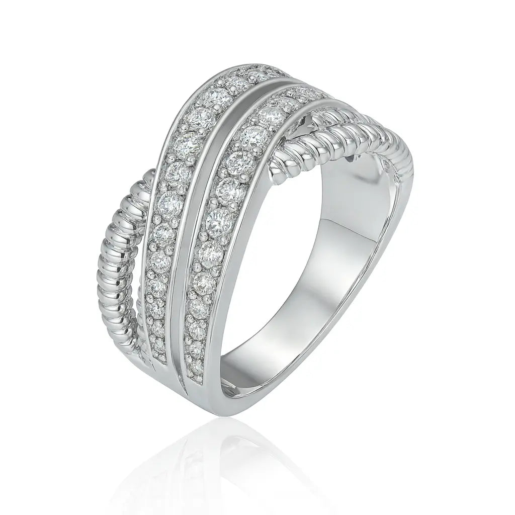 Silver ring with diamond accents on a white background