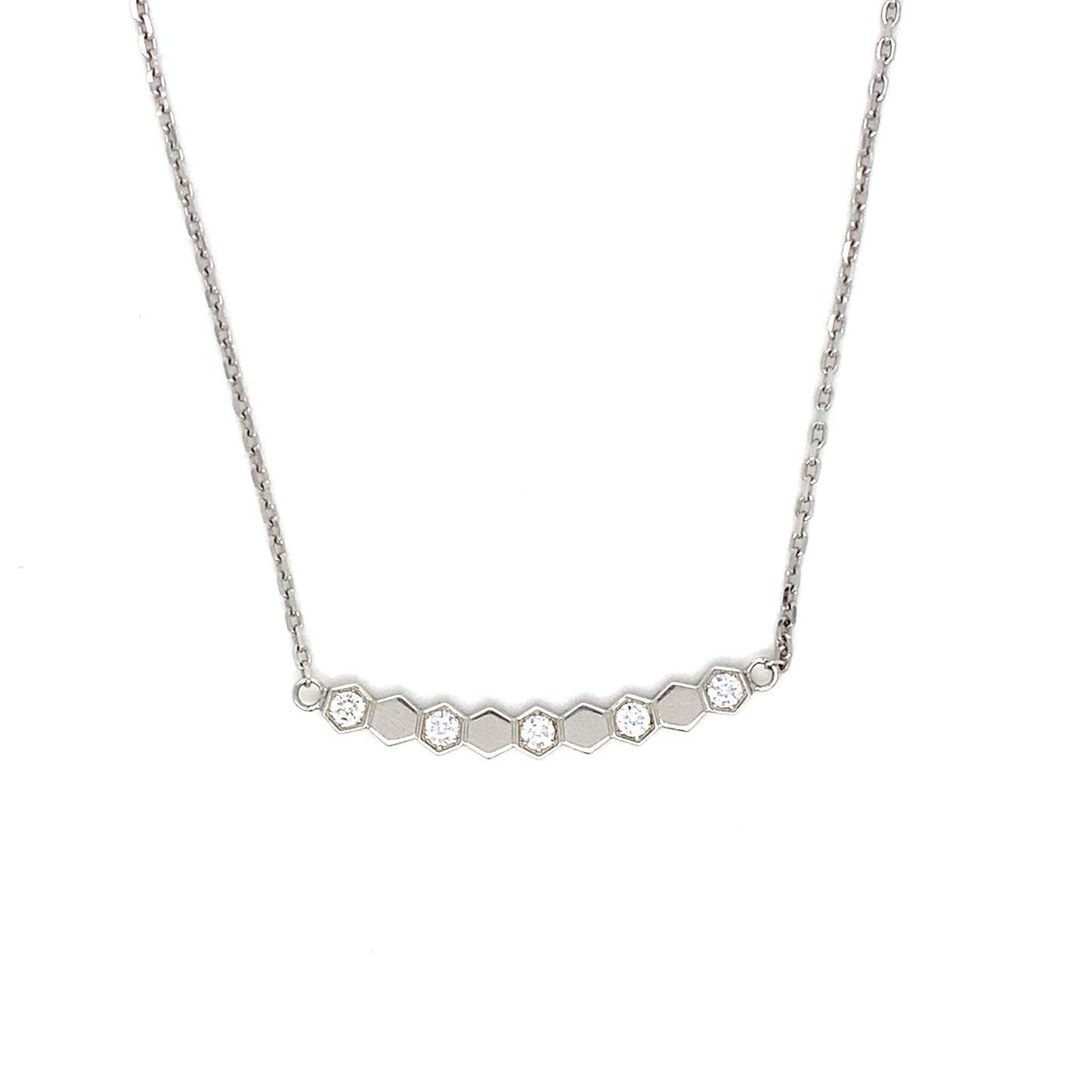 Silver necklace with small diamonds on a white background