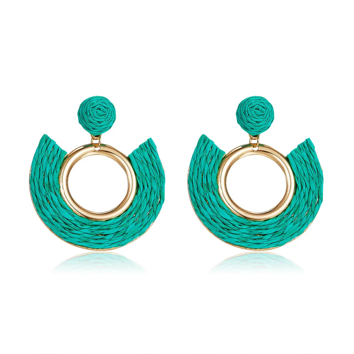Teal half-moon woven earrings with central gold ring.