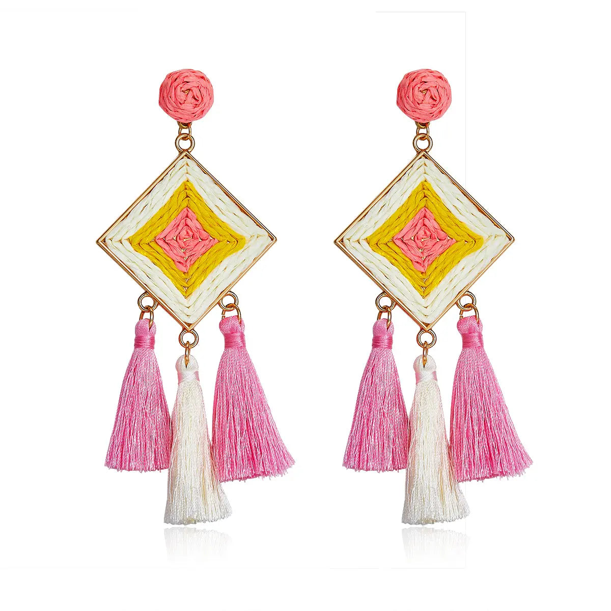Diamond shaped woven earrings in pink, yellow, and ivory with tassel drops, named Pink Sunshine Drops.