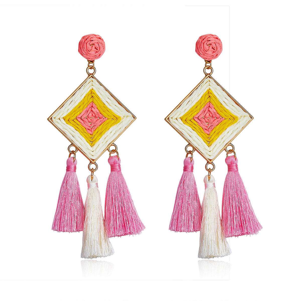 Diamond shaped woven earrings in pink, yellow, and ivory with tassel drops, named Pink Sunshine Drops.