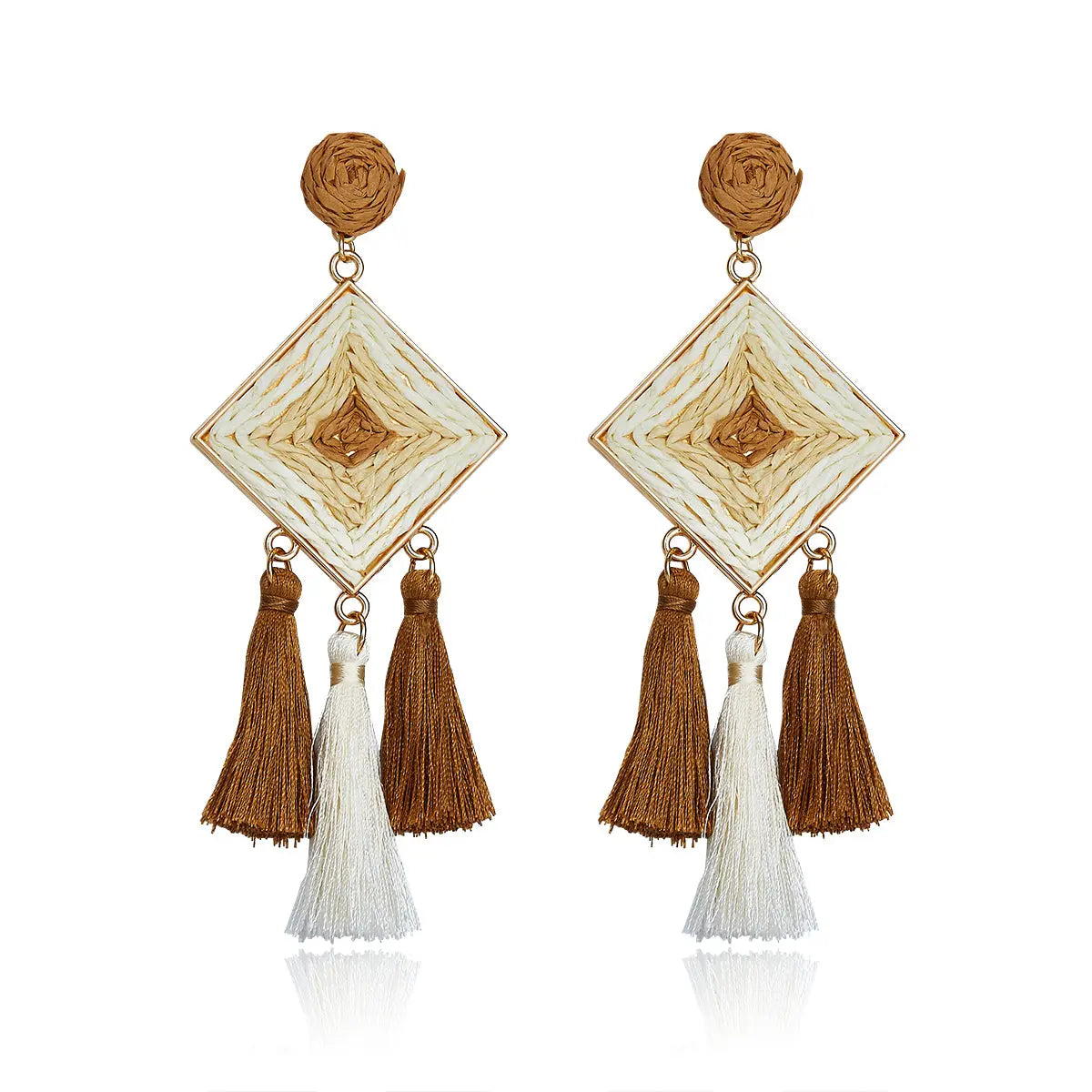 Camel brown and cream diamond-shaped woven earrings with silky tassels.