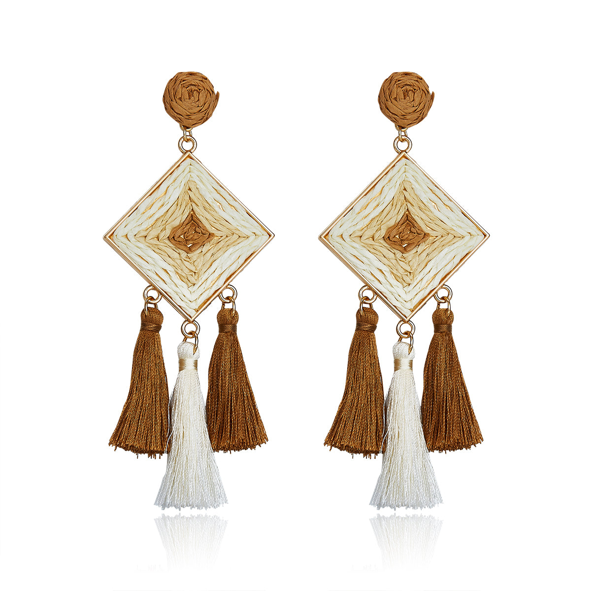 Camel brown and cream diamond-shaped woven earrings with silky tassels.