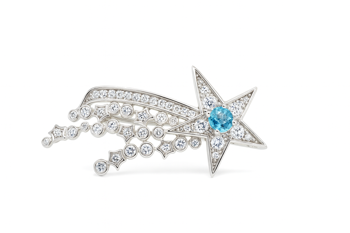 Star-shaped jewelry piece with a blue gemstone on a white background