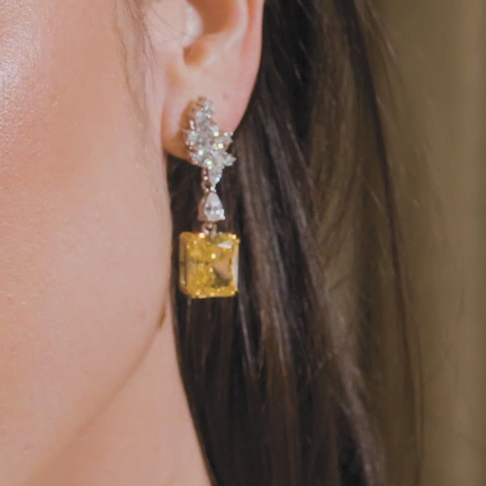 Anna Zuckerman Iconic Yellow Crystalline Drops featuring radiant cut canary yellow stones and sparkling accents in 925 sterling silver setting.