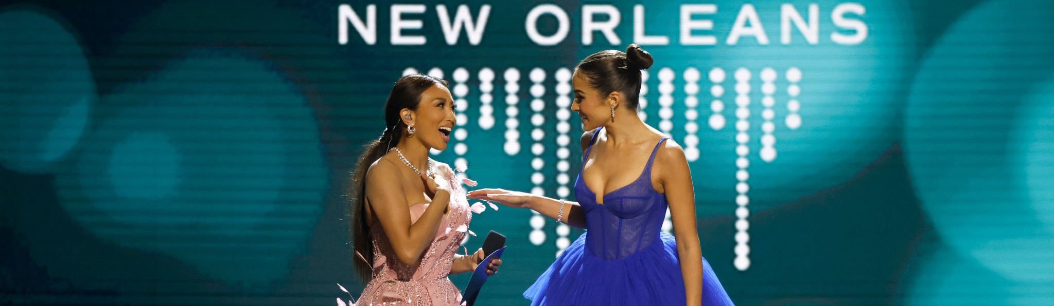 Jeannie Mai Wears Anna Zuckerman While Hosting Miss Universe 2023