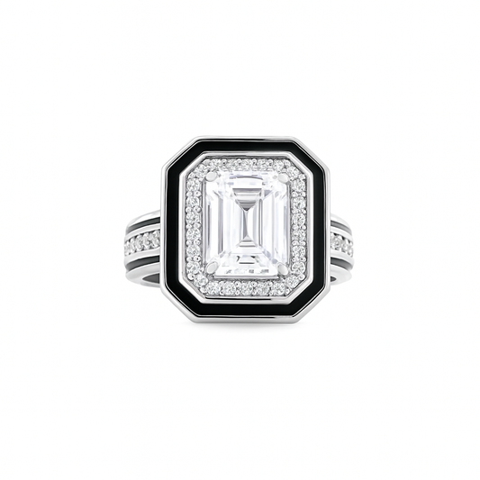 Diamond ring with a black and white design on a white background