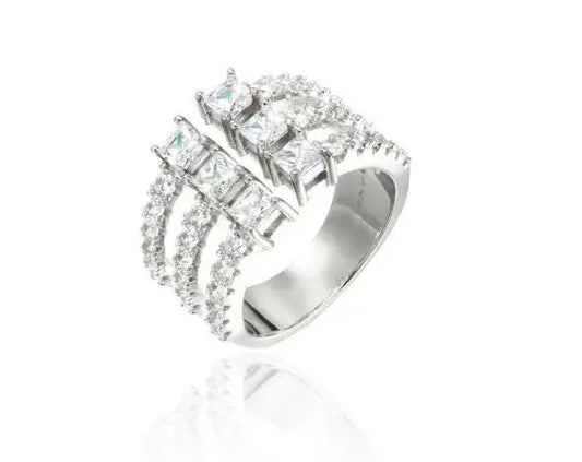 Silver ring with multiple diamonds on a white background