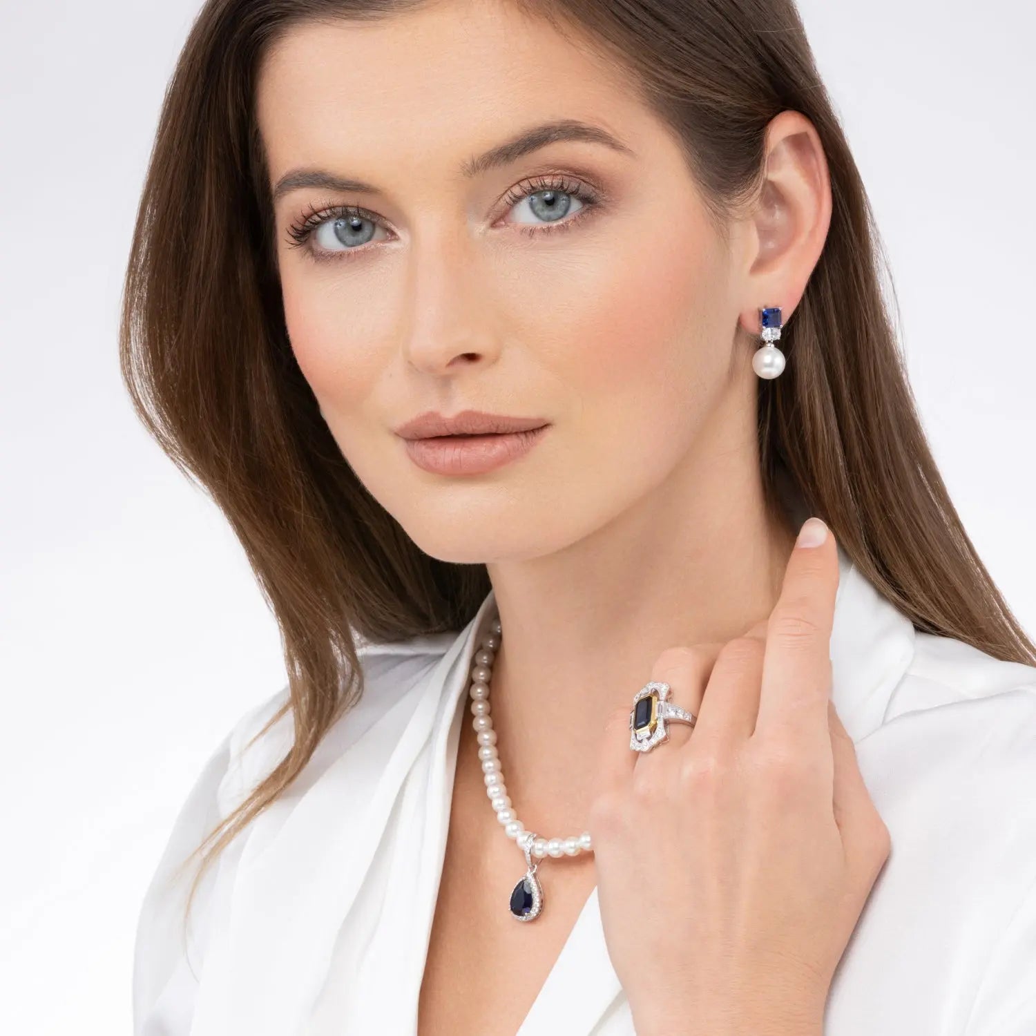 Blue Sapphire and Pearl Earring Drops Anna Zuckerman Retail