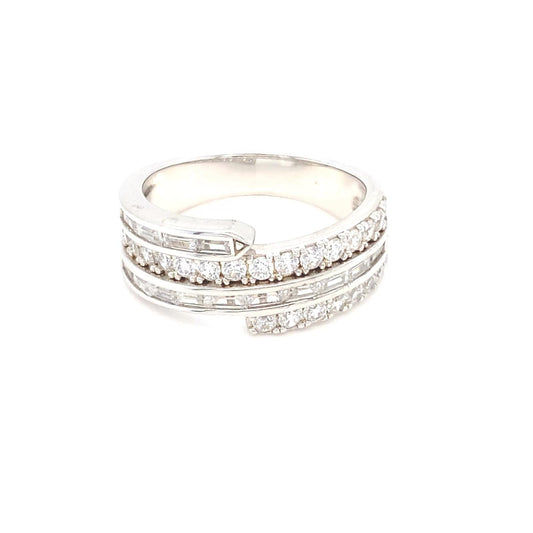 Silver ring with diamond accents on a white background