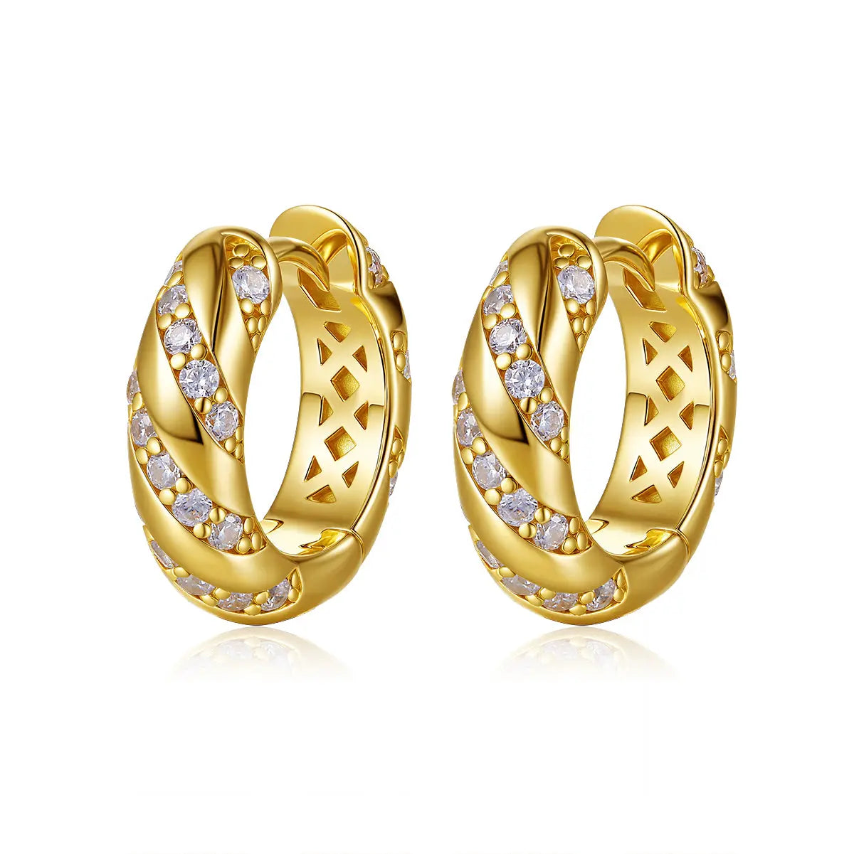 Gold hoop earrings with diamond accents on a white background