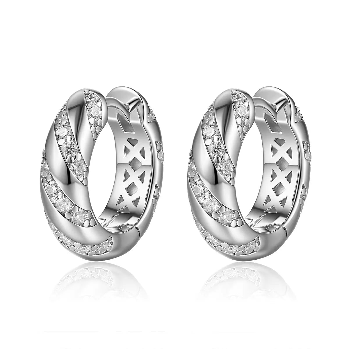 Pair of silver hoop earrings with diamond accents on a white background