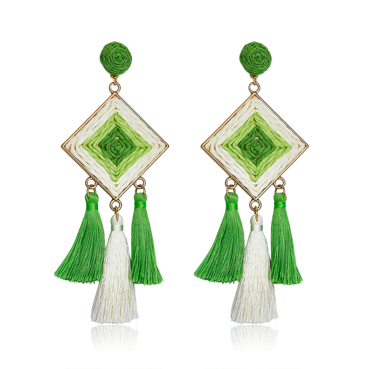 Diamond shaped woven earrings in green and ivory with tassel drops, named Emerald Breeze Drops.