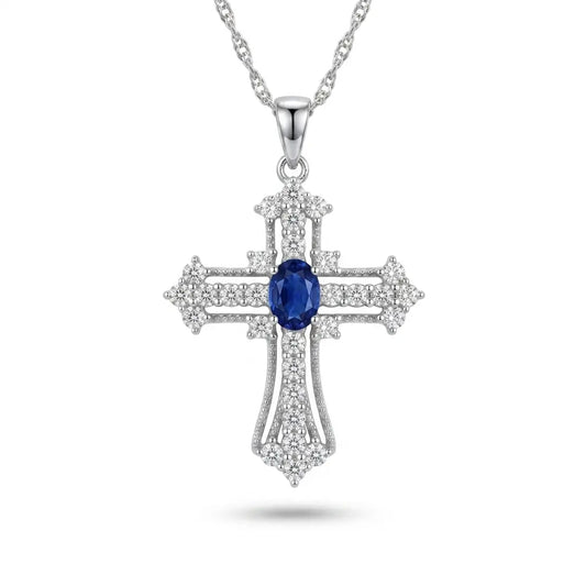 Eternal Life Cross Necklace In Blue Sapphire