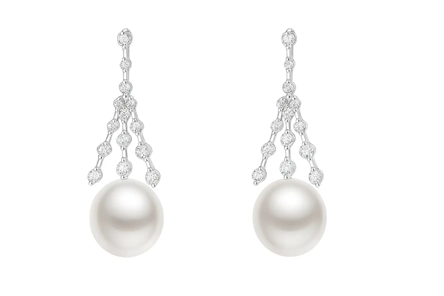 Pearl earrings with diamond accents on a white background