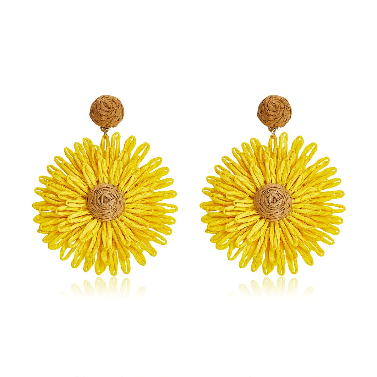 Bright yellow woven flower earrings with a tan center, named Golden Meadow Blooms.