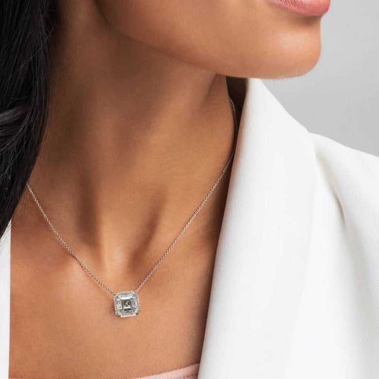 Asscher Cut Diamond Pendant Necklace In White Gold (1/5 ctw)