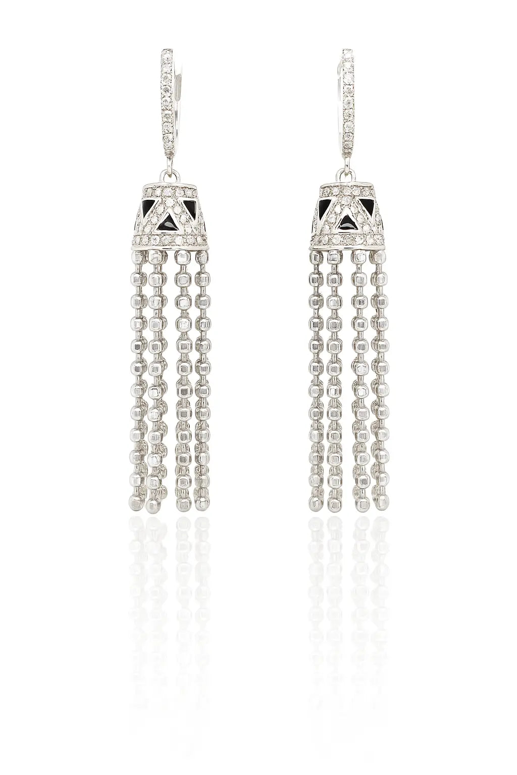 Pair of long, beaded earrings with a white background