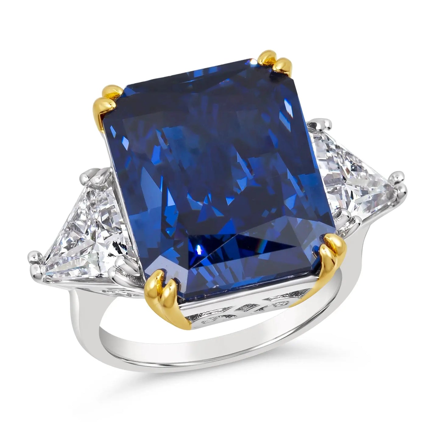 Model wearing Anna Zuckerman Malibu 10 Carat Diamond Crystalline Ring in blue sapphire with platinum-plated setting. Bold cocktail ring for statement looks.