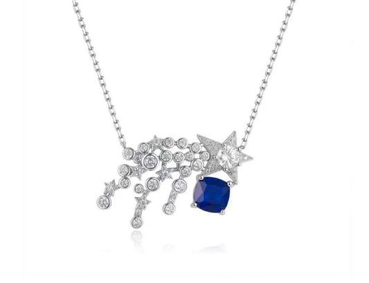Jewelry necklace with a blue gemstone and star design on a white background