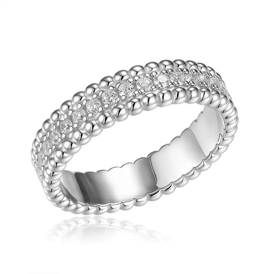 Anna Zuckerman Mini Pebble Band in Platinum featuring diamond crystalline stones in a 5mm wide sterling silver band with a beaded texture.