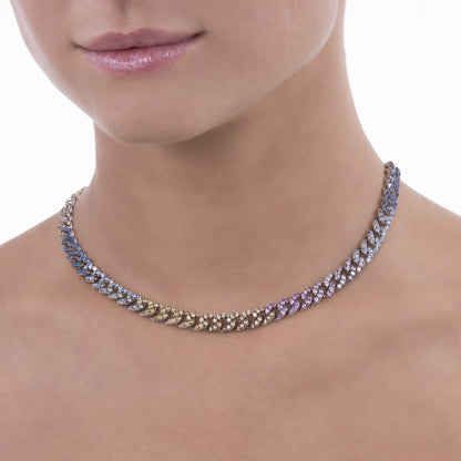 Rainbow Sapphire Cuban Necklace in Platinum