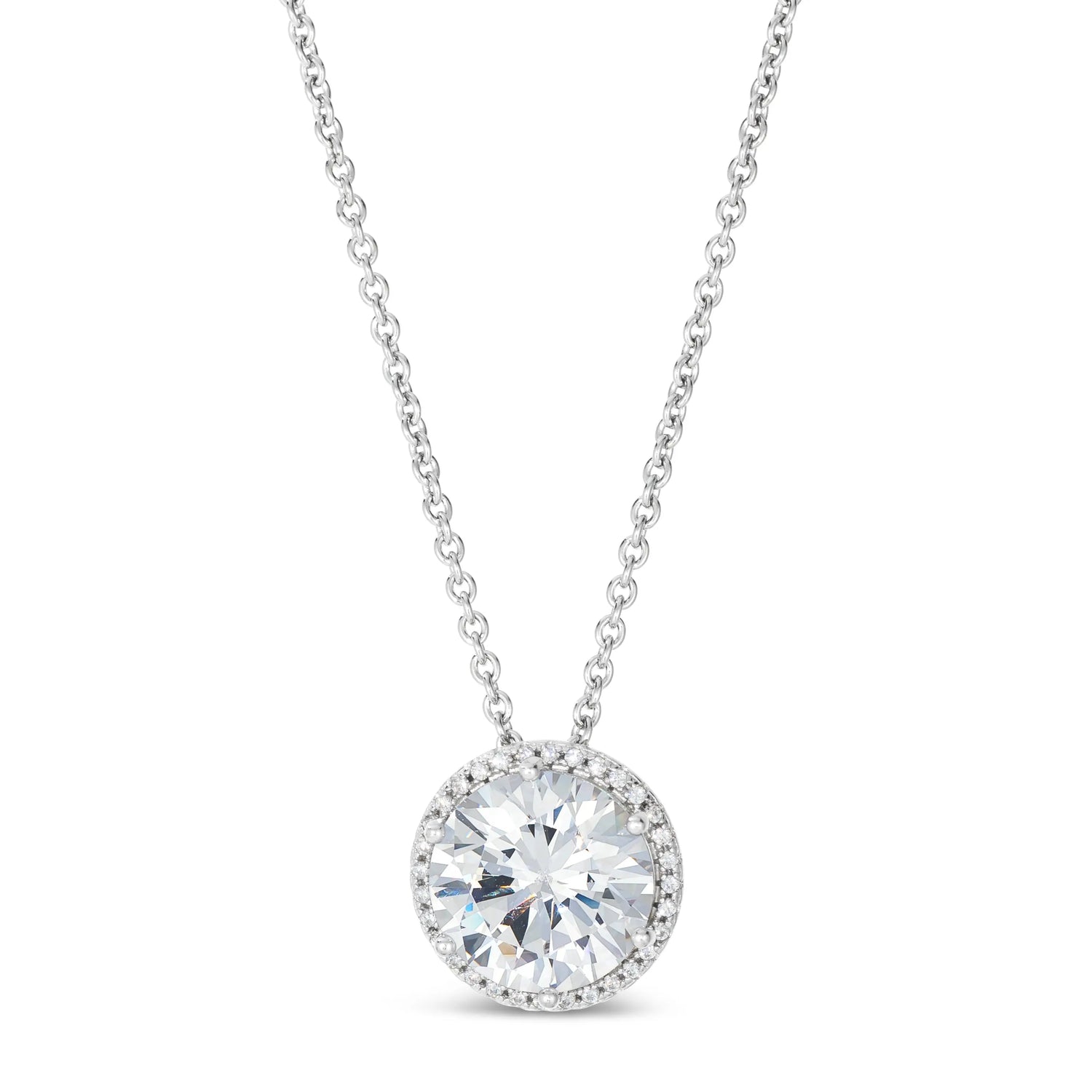 Anna Zuckerman Perfect Halo 5 Carat Diamond Crystalline Necklace featuring a round 5ct lab-created stone in a platinum-finished sterling silver halo setting. Elegant pendant design ideal for layering or solo wear in fine jewelry collections.