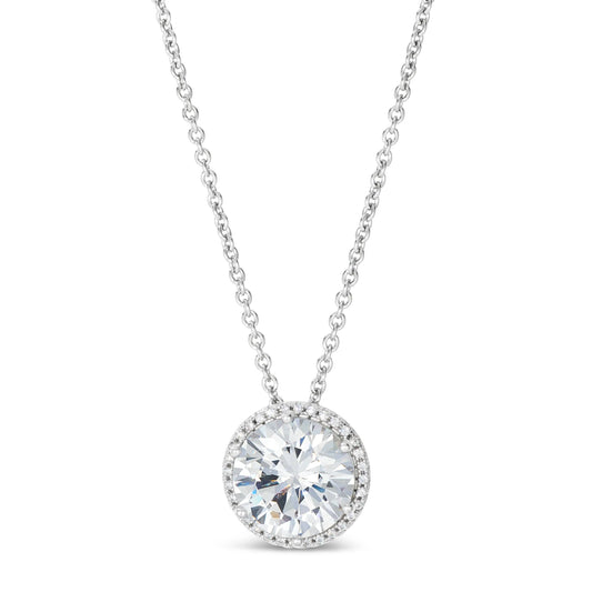 Anna Zuckerman Perfect Halo 5 Carat Diamond Crystalline Necklace featuring a round 5ct lab-created stone in a platinum-finished sterling silver halo setting. Elegant pendant design ideal for layering or solo wear in fine jewelry collections.