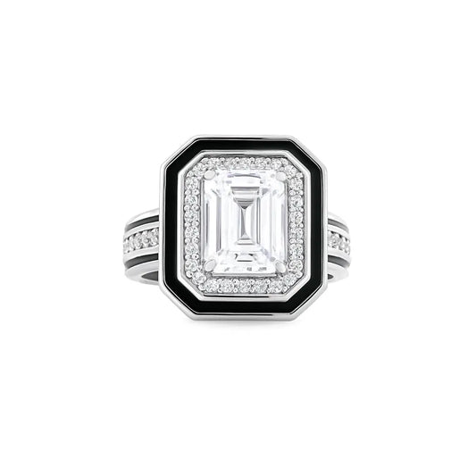 Diamond ring with a black and white design on a white background
