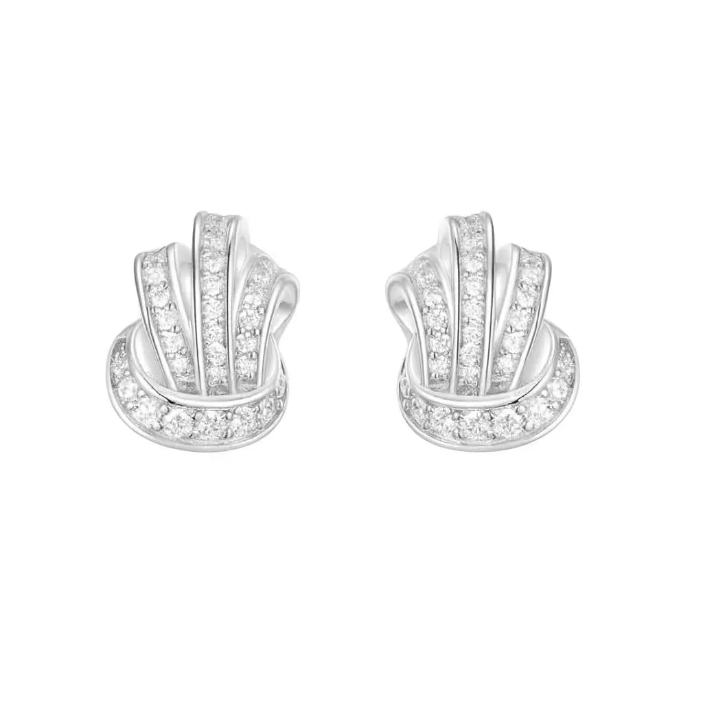 Pair of silver earrings with clear gemstones on a white background