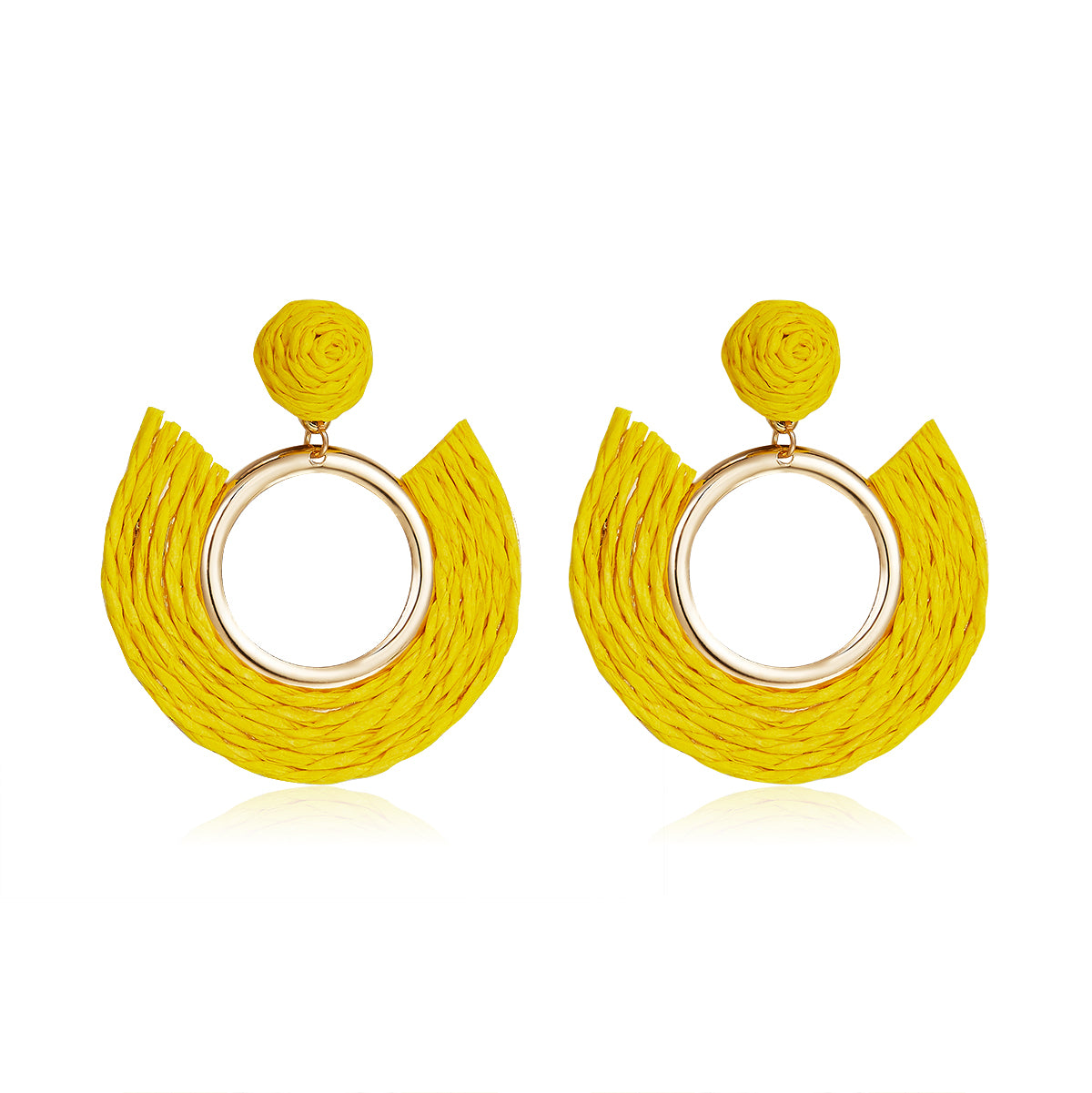 Sunflower yellow half-moon woven earrings with central gold ring.