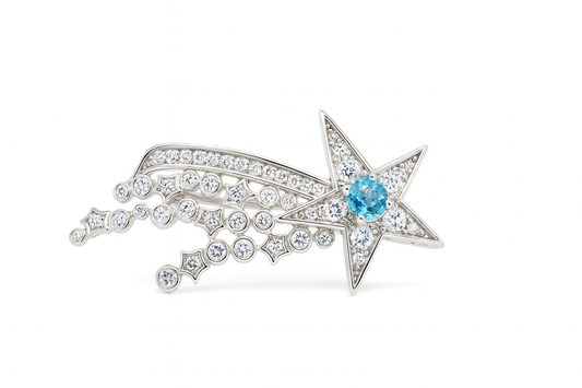 Star-shaped jewelry piece with a blue gemstone on a white background