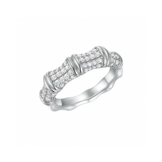 Silver ring with diamond accents on a white background