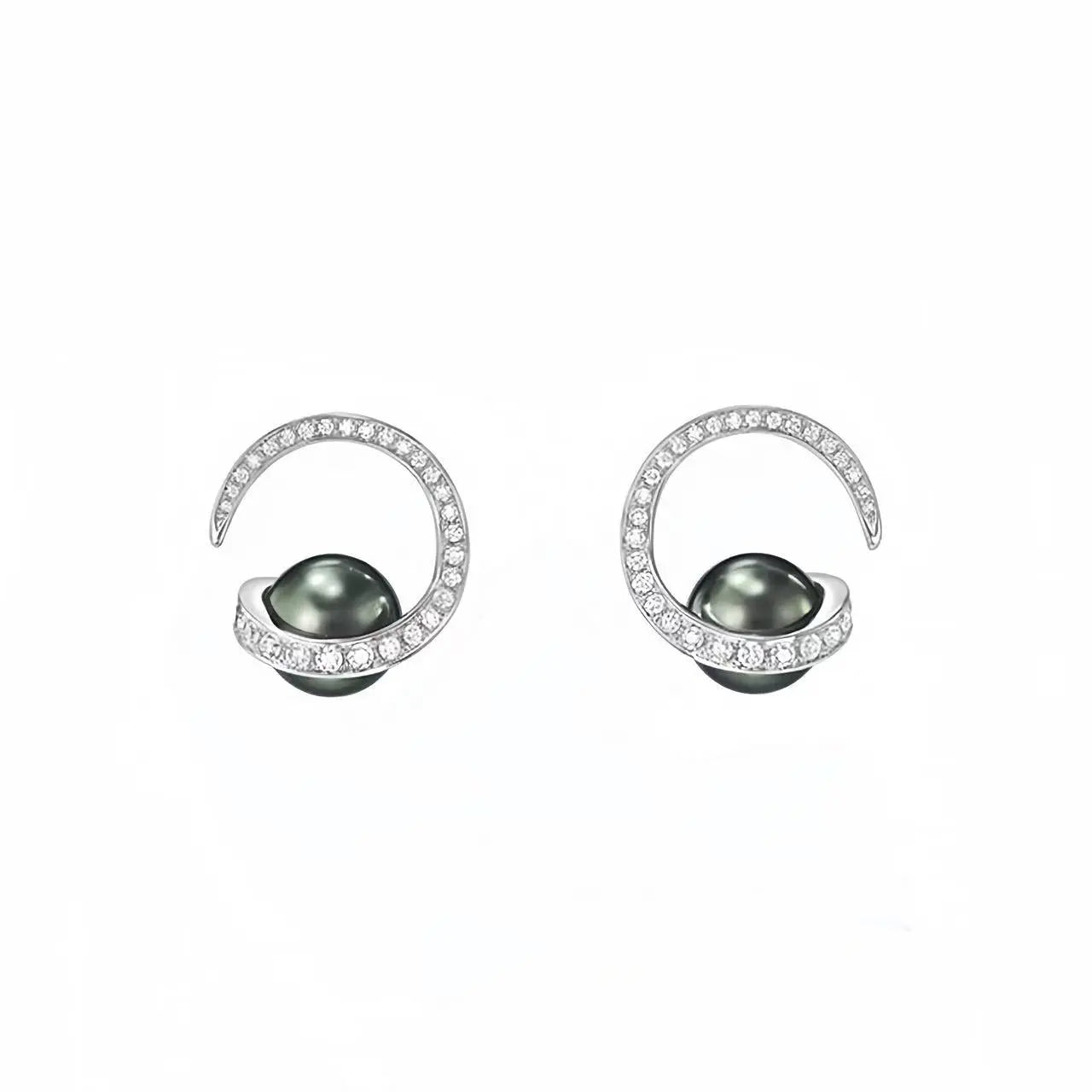 Pair of earrings with black pearls and diamond accents on a white background