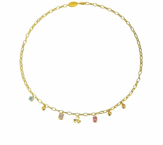 Gold necklace with small colored charms on a white background