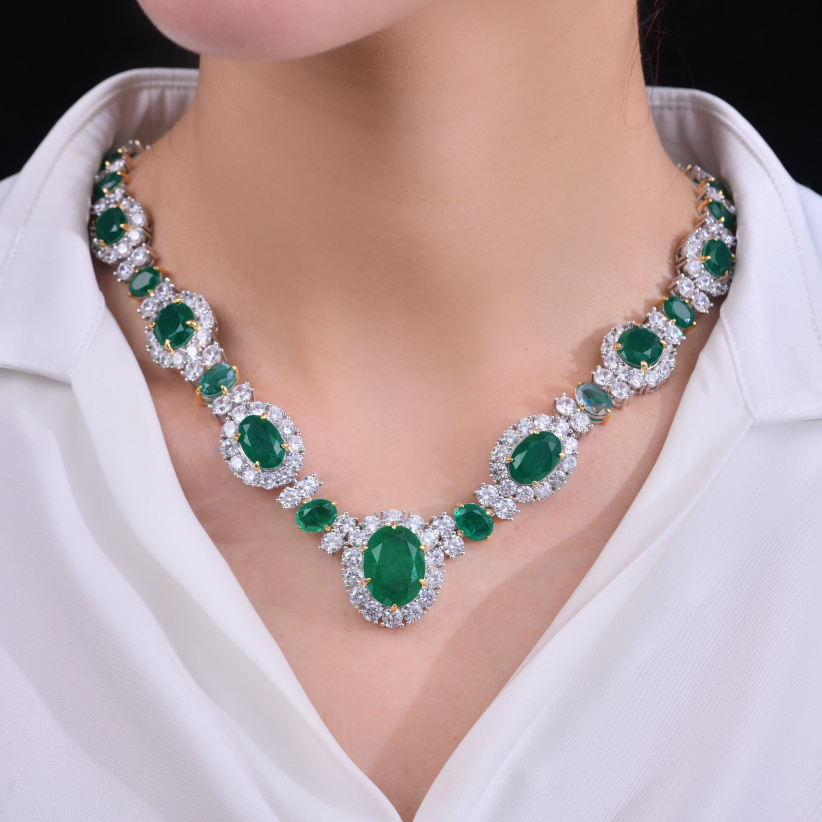 Rubans Rhodium Plated Emerald Green Zirconia Statement Jewellery Set