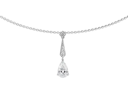 Diamond necklace with a teardrop pendant on a white background