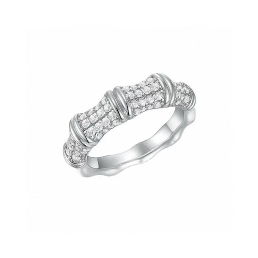 Silver ring with diamond accents on a white background
