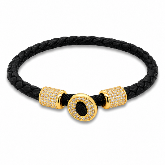 AZL Men 03 White Diamond Crystalline Black Leather Bracelet