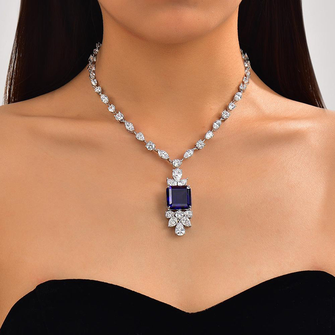 Blue Sapphire Gemstone Necklace with Flower design in 18K White Gold –  Elizabeth Jewellers