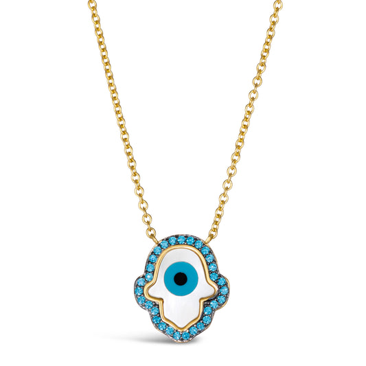 Kate 33 Hamsa Mother Of Pearl Necklace Aquamarine Yellow Gold - Anna Zuckerman Luxury Necklaces